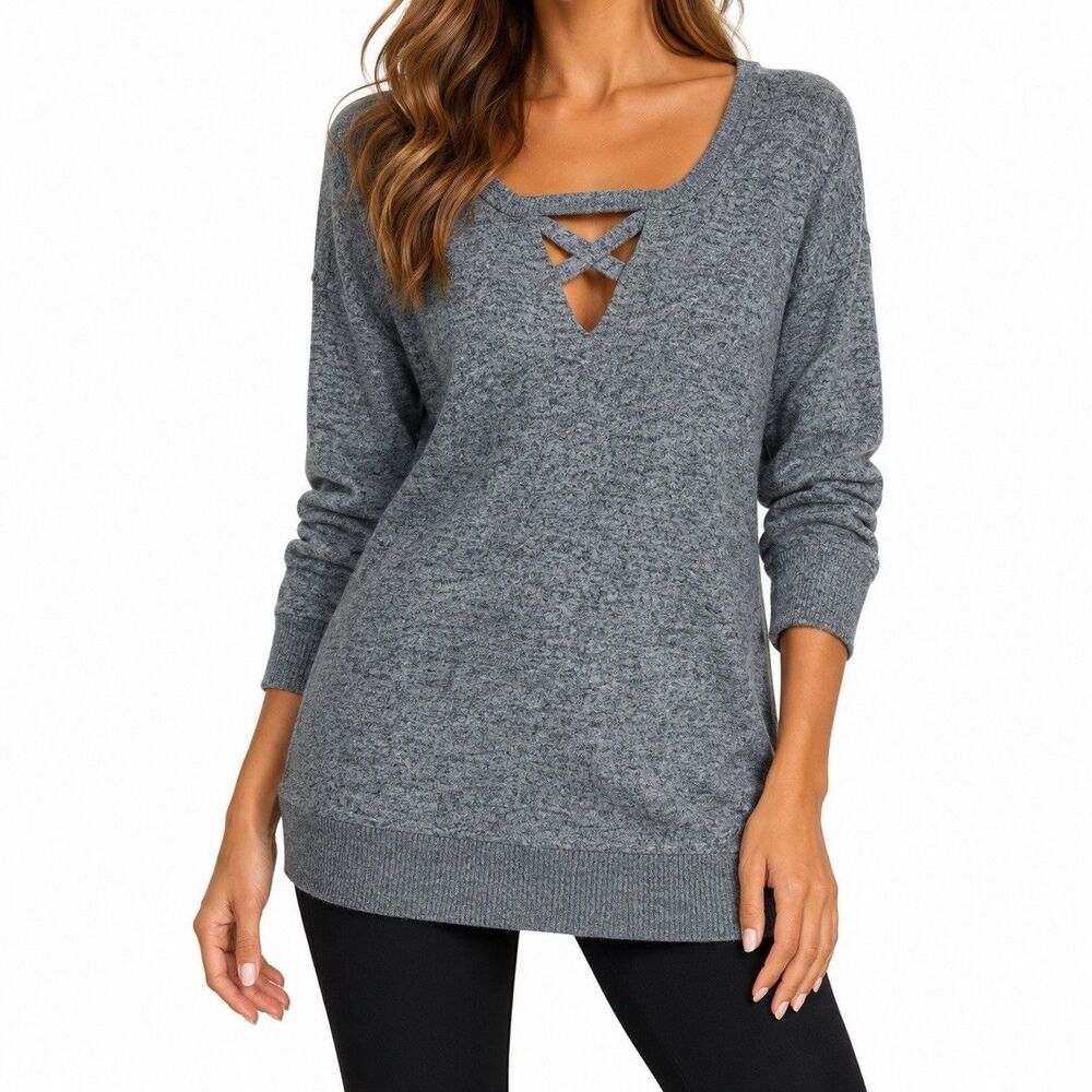 Balance Collection Womens Small Smoke Blue Knit Top Criss Cross Long Sleeve NWT